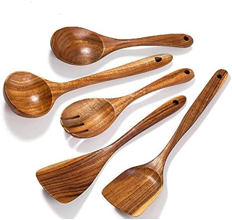 עץ כלי בישול סט 5, עץ מריות וכפות עץ כלי בישול, בעבודת יד על ידי טבעי מעץ טיק עץ מטבח, כלי בישול Nonstick.